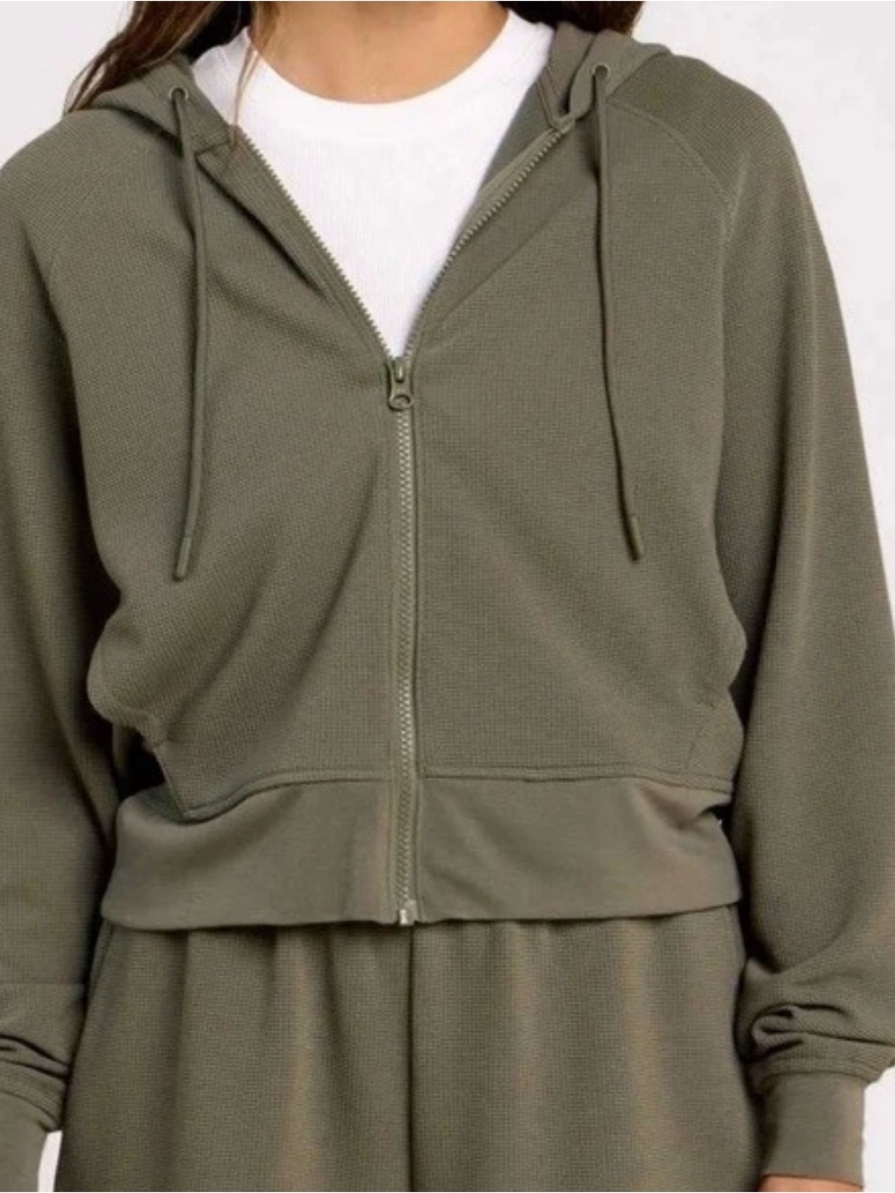 Nuuds Women’s Wafffle Full Zip Hoodie Olive Green Size XL Sweatshirt pockets